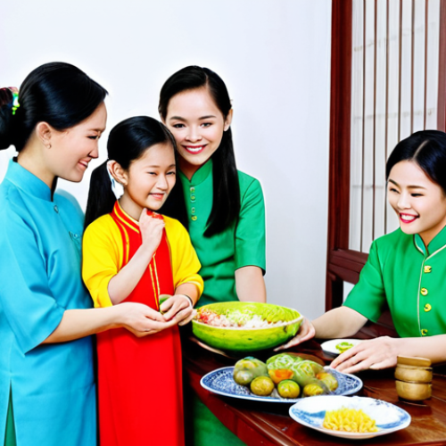 Home 7 Family-Friendly Tet Celebration**
"A vibrant Tet celebration in a traditional Vietnamese home, featuring a multi-generational family fully clothed in ao dai, preparing banh tet and enjoying festive decorations, safe for work, appropriate content, fully clothed, professional, modest, family-friendly, perfect anatomy, correct proportions, natural pose, well-formed hands, proper finger count, natural body proportions, high quality."
**