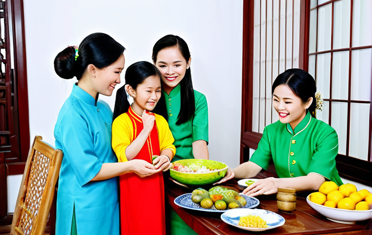 Family-Friendly Tet Celebration**

"A vibrant Tet celebration in a traditional Vietnamese home, featuring a multi-generational family fully clothed in ao dai, preparing banh tet and enjoying festive decorations, safe for work, appropriate content, fully clothed, professional, modest, family-friendly, perfect anatomy, correct proportions, natural pose, well-formed hands, proper finger count, natural body proportions, high quality."

**