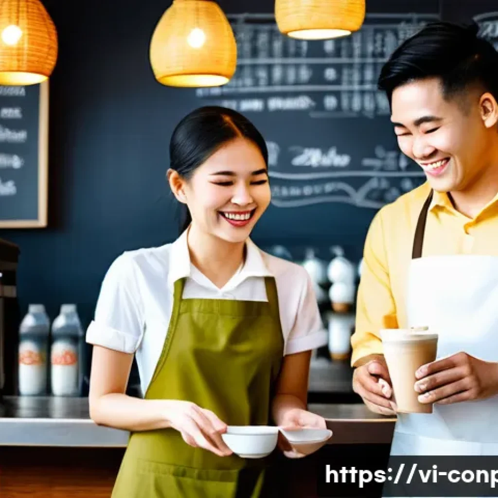 소비자 경험과 감정 경제학의 관계 - A warm and inviting scene inside a modern Vietnamese coffee shop. A friendly Vietnamese barista, wea...