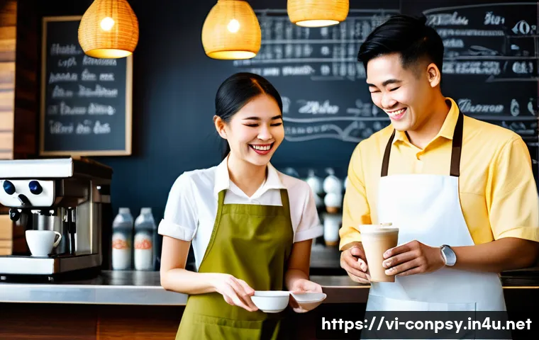 소비자 경험과 감정 경제학의 관계 - A warm and inviting scene inside a modern Vietnamese coffee shop. A friendly Vietnamese barista, wea...