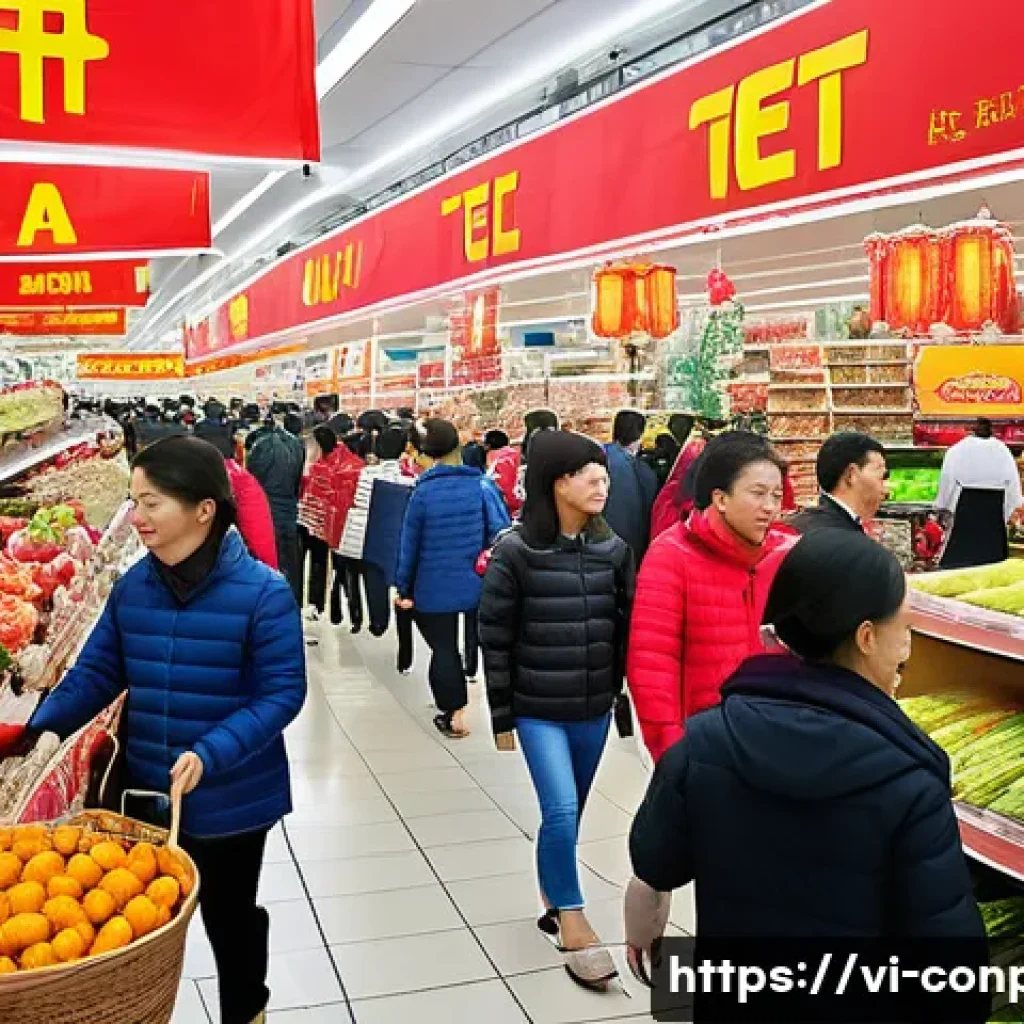 소비자 감정 변화의 경제적 영향 - A bustling Vietnamese supermarket during a festive Tet holiday sale, filled with cheerful shoppers c...
