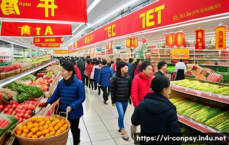 소비자 감정 변화의 경제적 영향 - A bustling Vietnamese supermarket during a festive Tet holiday sale, filled with cheerful shoppers c...