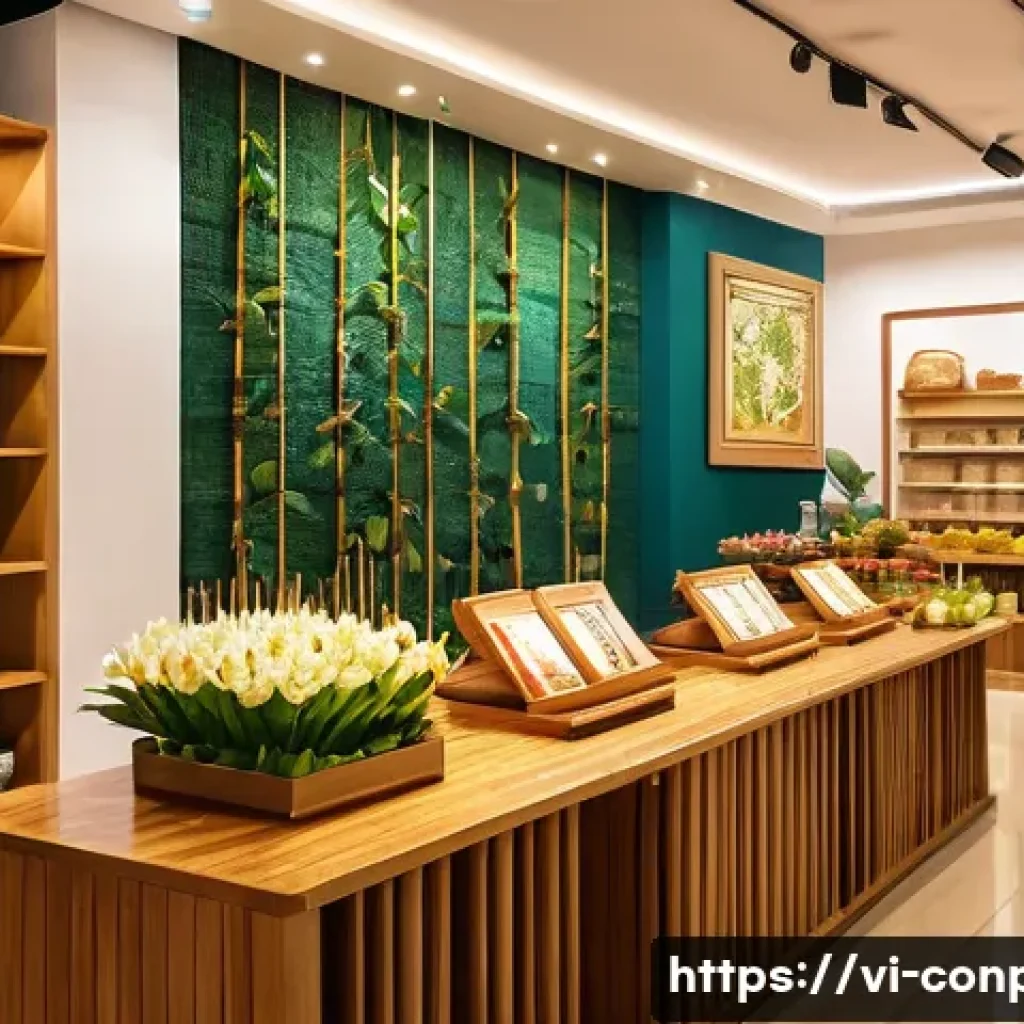 감정 경제학의 실제 적용 사례 - A modern Vietnamese retail store interior with warm, inviting lighting and cozy wooden furniture, so...