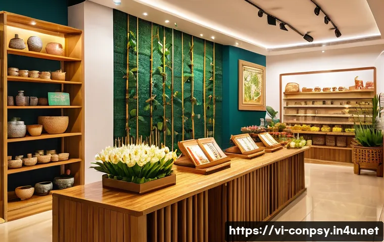 감정 경제학의 실제 적용 사례 - A modern Vietnamese retail store interior with warm, inviting lighting and cozy wooden furniture, so...