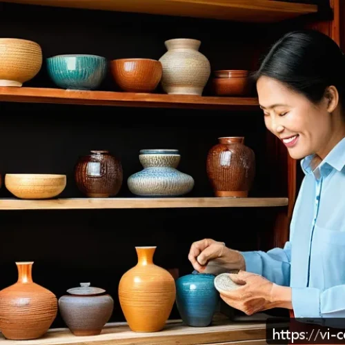 Home 33 감정적 가격 책정 전략 - A cozy Vietnamese artisan shop interior showcasing handmade traditional crafts on wooden shelves, wa...