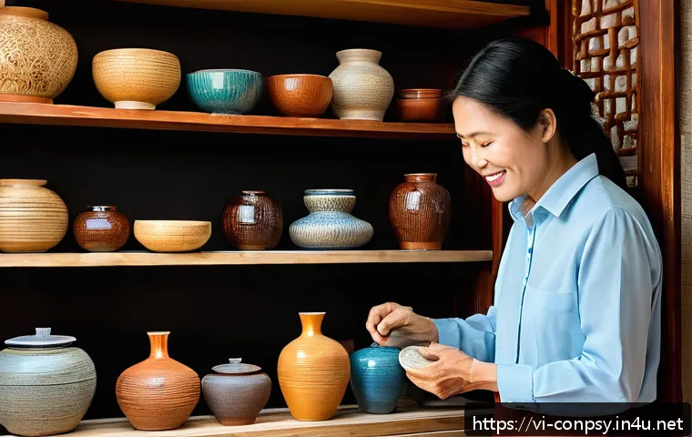 감정적 가격 책정 전략 - A cozy Vietnamese artisan shop interior showcasing handmade traditional crafts on wooden shelves, wa...