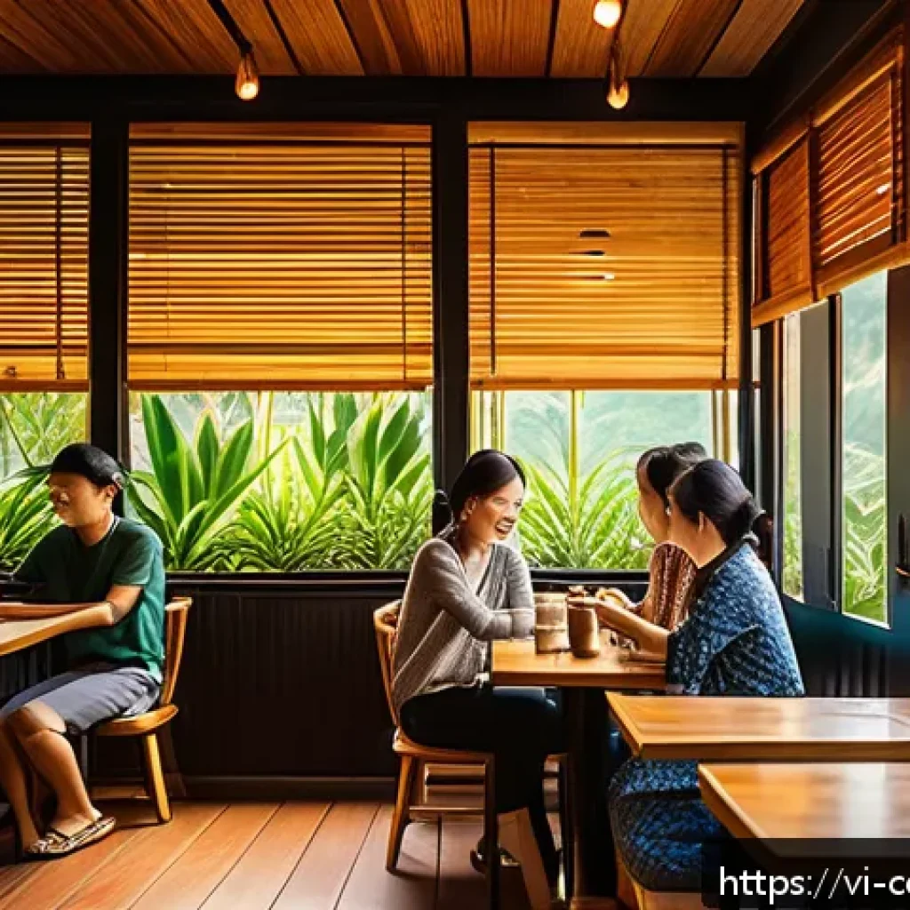소비자 심리학과 감정 경제학 융합 - A cozy Vietnamese coffee shop interior during late afternoon, warm golden sunlight filtering through...
