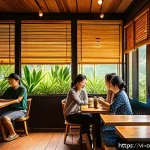 Home 19 소비자 심리학과 감정 경제학 융합 - A cozy Vietnamese coffee shop interior during late afternoon, warm golden sunlight filtering through...