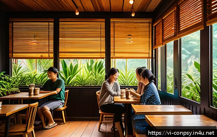 소비자 심리학과 감정 경제학 융합 - A cozy Vietnamese coffee shop interior during late afternoon, warm golden sunlight filtering through...