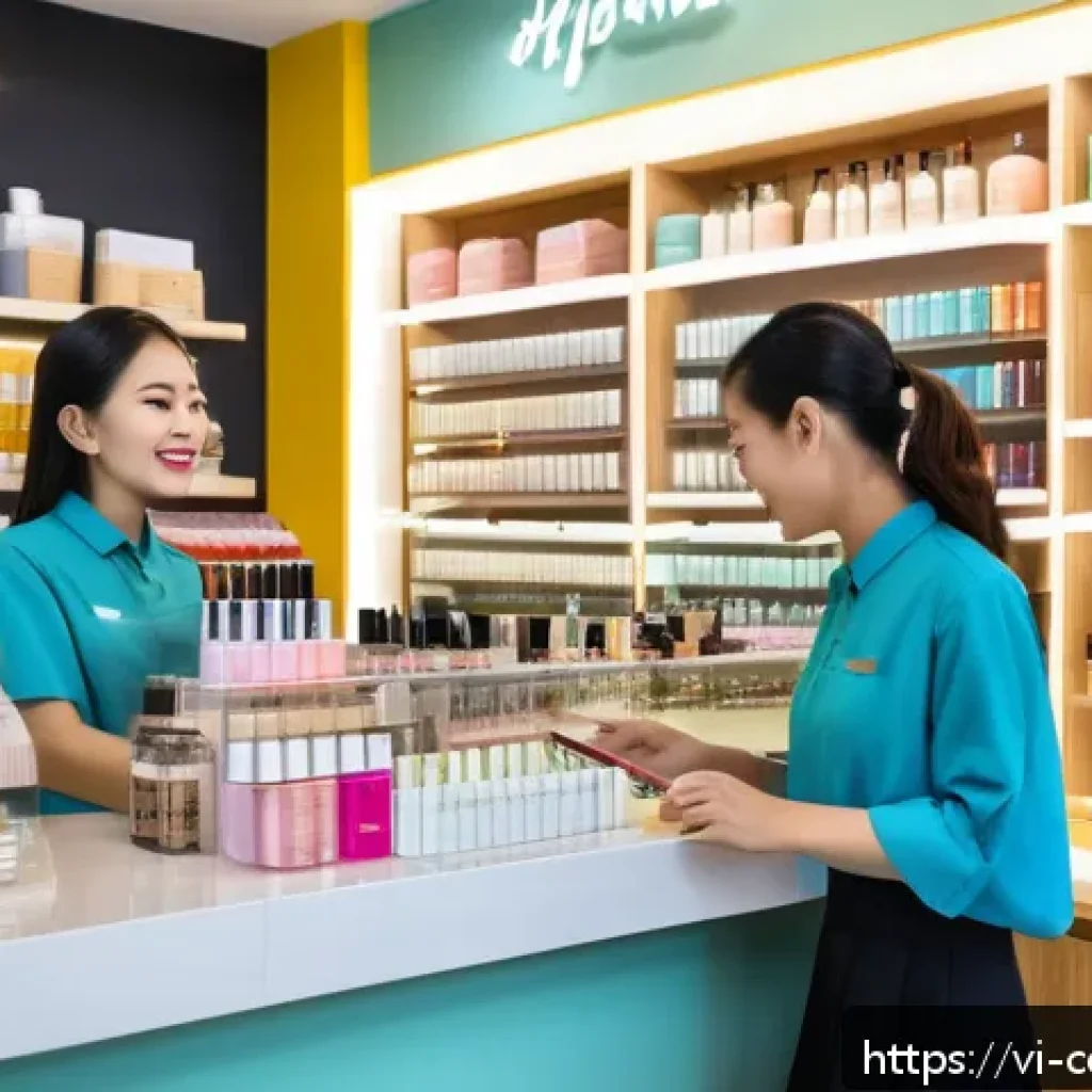 브랜드와 소비자 감정의 연결 고리 - A vibrant Vietnamese cosmetics store interior in Ho Chi Minh City, showcasing diverse customers enga...