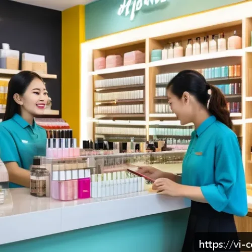 Home 17 브랜드와 소비자 감정의 연결 고리 - A vibrant Vietnamese cosmetics store interior in Ho Chi Minh City, showcasing diverse customers enga...