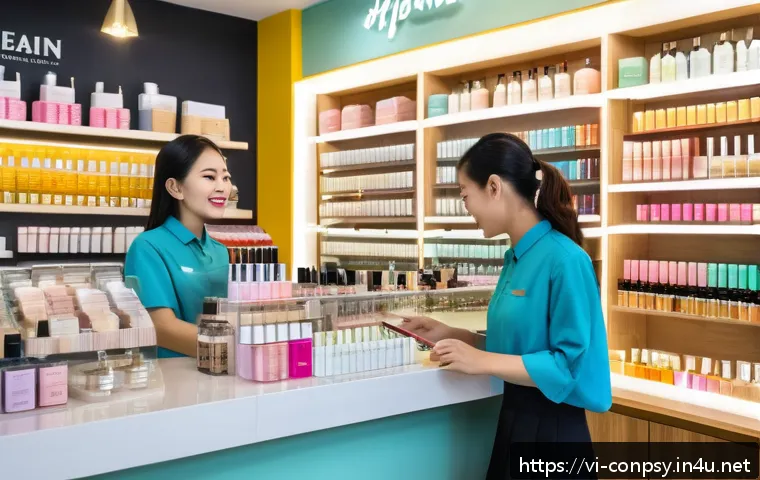 브랜드와 소비자 감정의 연결 고리 - A vibrant Vietnamese cosmetics store interior in Ho Chi Minh City, showcasing diverse customers enga...